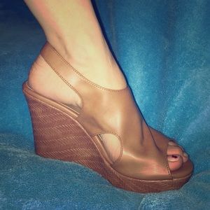 Brand new tan faux leather wedges